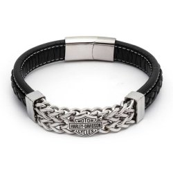 Chain Bar &amp; Shield Cuff Bracelet, Leather/Steel