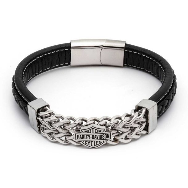 Chain Bar &amp; Shield Cuff Bracelet, Leather/Steel