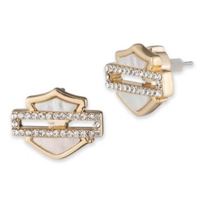 Mother of Pearl Bar & Shield Stud Earrings, Gold Plated