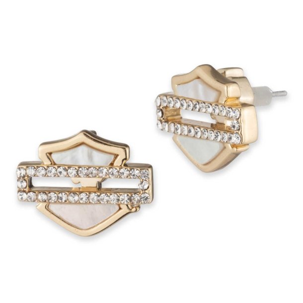 Mother of Pearl Bar &amp; Shield Stud Earrings, Gold Plated