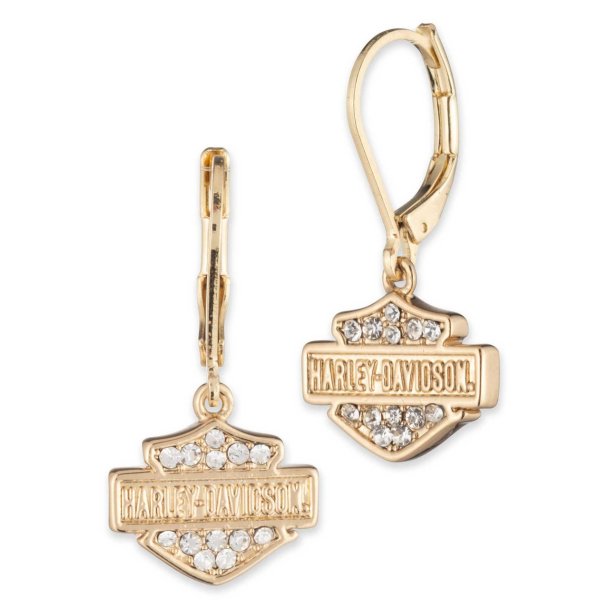 Bar &amp; Shield Logo Crystal Drop Earrings, Gold Plated
