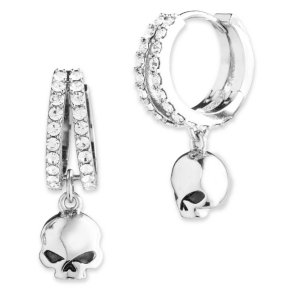  Willie G Skull Double Pave Crystal Hoop Earrings, Silver