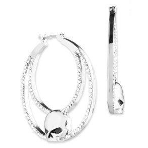  Willie G Skull Pave Crystal Hoop Earrings, Silver Brass