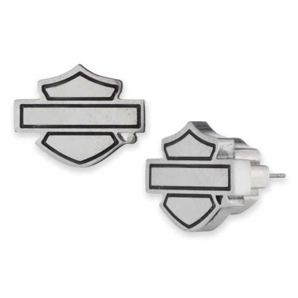 11mm Bar &amp; Shield Logo Stud Earrings, Stainless Steel
