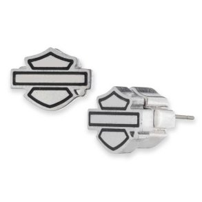 8mm Bar & Shield Logo Stud Earrings, Stainless Steel