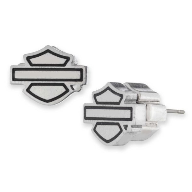 8mm Bar &amp; Shield Logo Stud Earrings, Stainless Steel