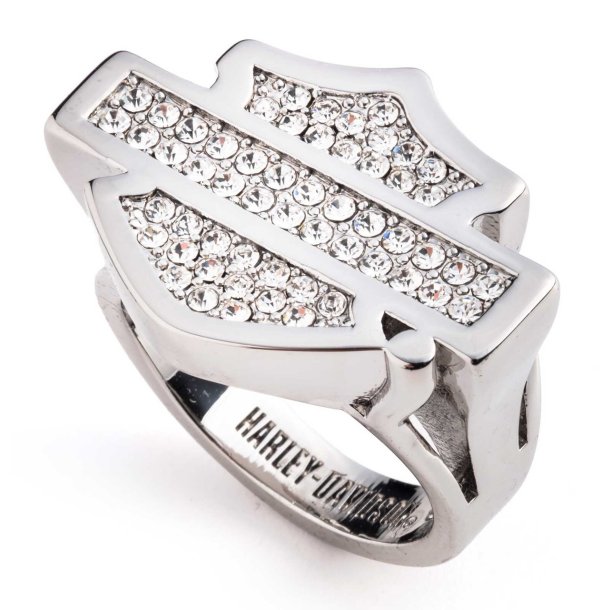 Paved Crystal Bar &amp; Shield Logo Ring