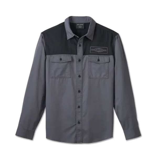 Men's Stacked Bar &amp; Shield Long Sleeve Shirt - Colorblock - Harley Black &amp; Ombre Blue