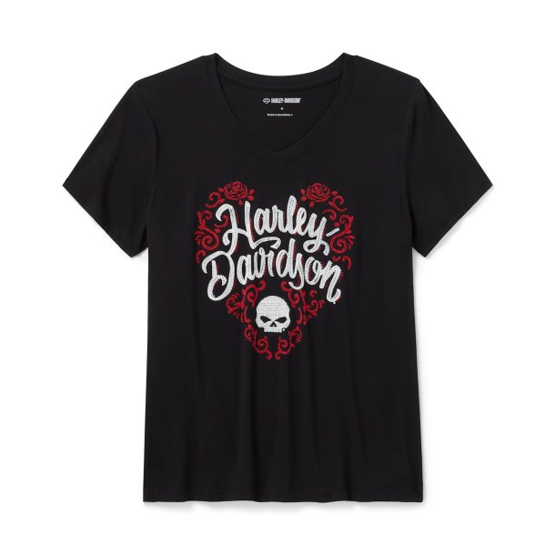 Bling H-D Roses Short Sleeve V Neck Tee