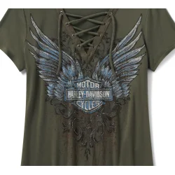 Bling Dark Angel Short Sleeve Laced Front Tee - Grape Leaf