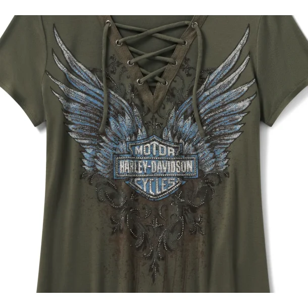 Bling Dark Angel Short Sleeve Laced Front Tee - Grape Leaf