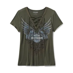 Bling Dark Angel Short Sleeve Laced Front Tee - Grape Leaf