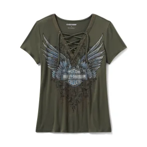 Bling Dark Angel Short Sleeve Laced Front Tee - Grape Leaf