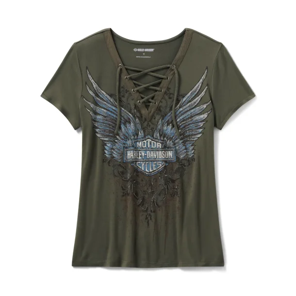 Bling Dark Angel Short Sleeve Laced Front Tee - Grape Leaf