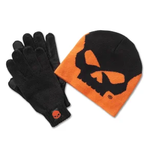 Willie G Skull Beanie and Glove Gift Set - Harley Orange