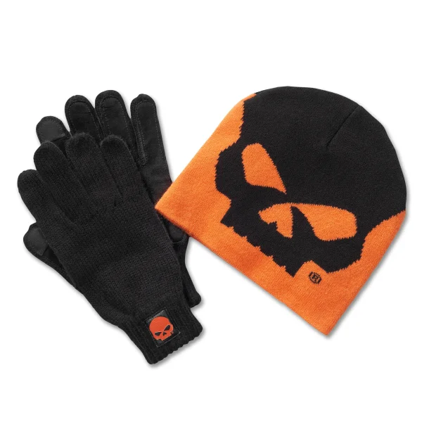 Willie G Skull Beanie and Glove Gift Set - Harley Orange