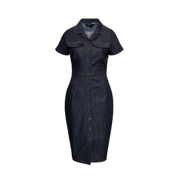 QUEEN KEROSIN PINSTRIPE RETRO PENCIL DRESS RINSED WASH DENIM