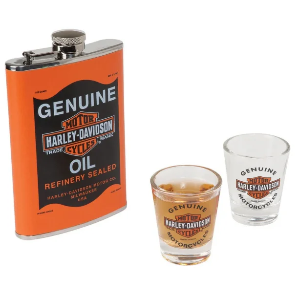 H-D Oil Can Flask &amp; Shot Glass Set