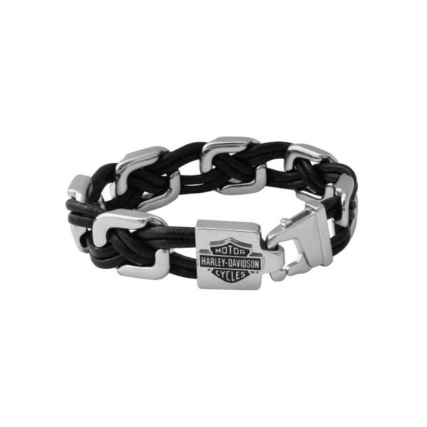 Men's Floating Links Black Leather Steel Bracelet 