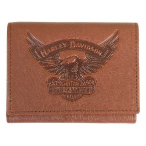 Harley-Davidson Men's Eagle Emboss Leather Tri-Fold Wallet, Brown 