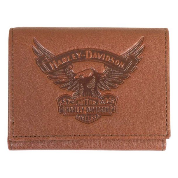 Harley-Davidson Men's Eagle Emboss Leather Tri-Fold Wallet, Brown 