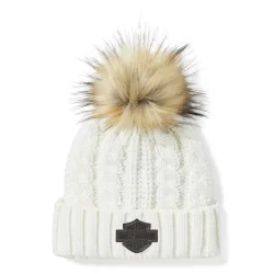  LEATHER PATCH POM BEANIE, OFF WHITE