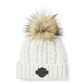  LEATHER PATCH POM BEANIE, OFF WHITE