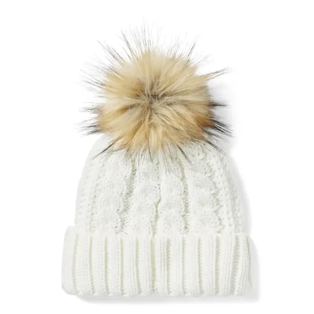  LEATHER PATCH POM BEANIE, OFF WHITE