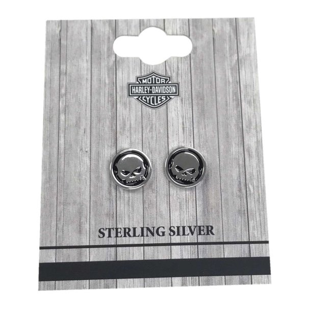 Black Enamel Willie G Skull Silver Earrings