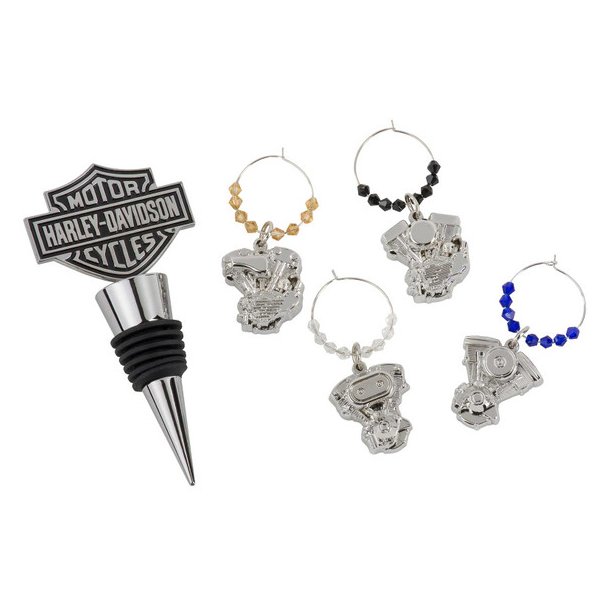 Bar &amp; Shield Engine Wine Bottle Stopper &amp; Wine Glass Charms Set