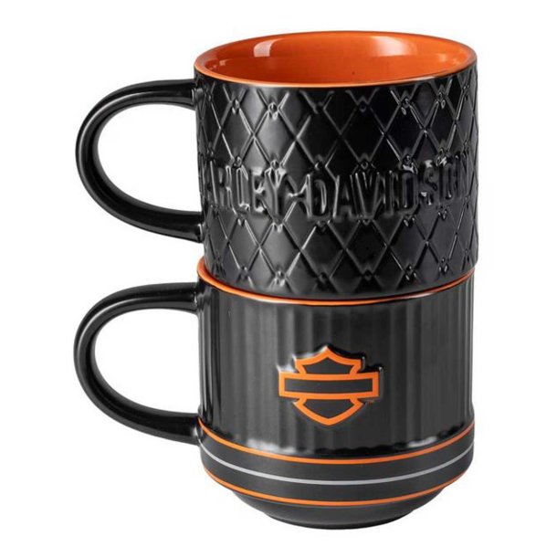  Open Bar &amp; Shield Embossed Coffee Mug Set, Black &amp; Orange
