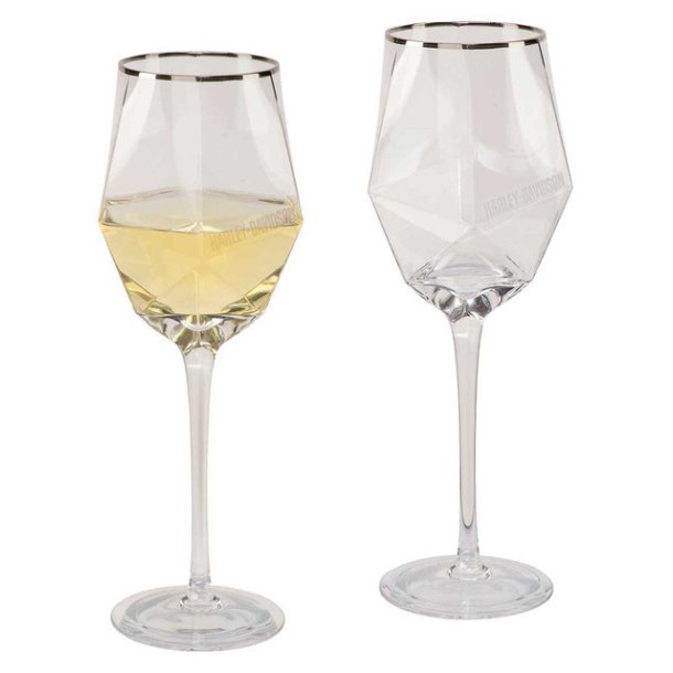 Geometric Wine Glass Set, Etched H-D Logos - Set of 2