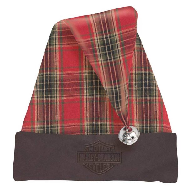 Harley-Davidson Holiday Santa Hat w/ Bell - Plaid &amp; Brown Faux Suede