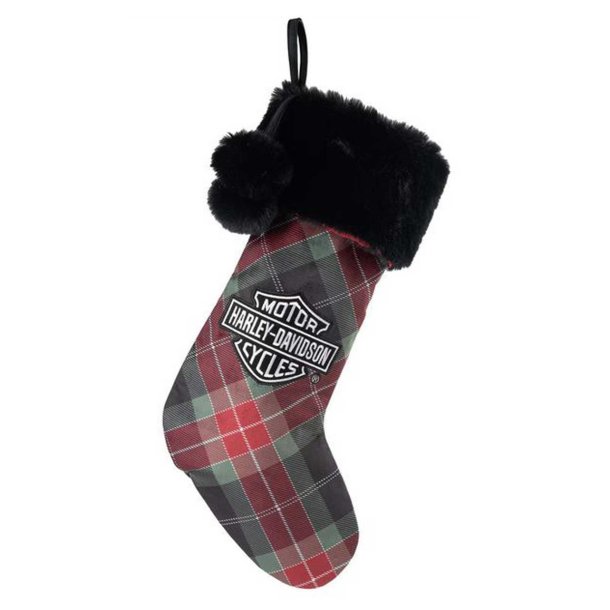 Embroidered Bar &amp; Shield Holiday Plaid Hanging Stocking