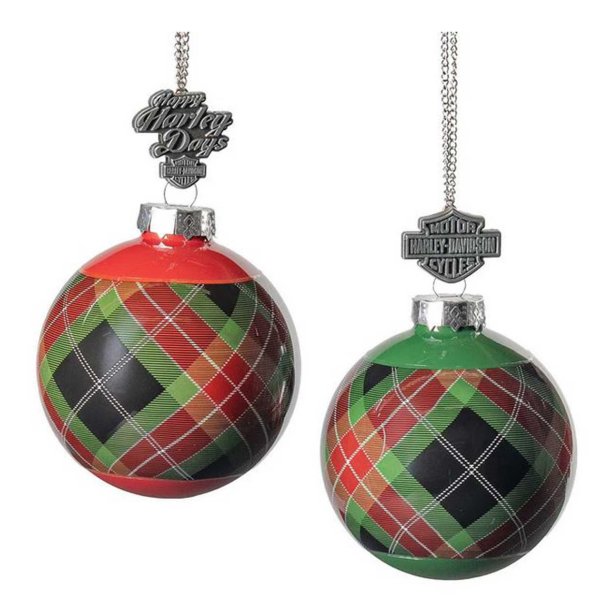 Holiday Plaid Bar &amp; Shield Ball Christmas Tree Ornament Set of 2