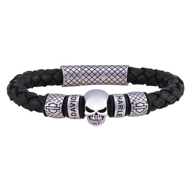 Men's Skull Braided Leather Bracelet - Black