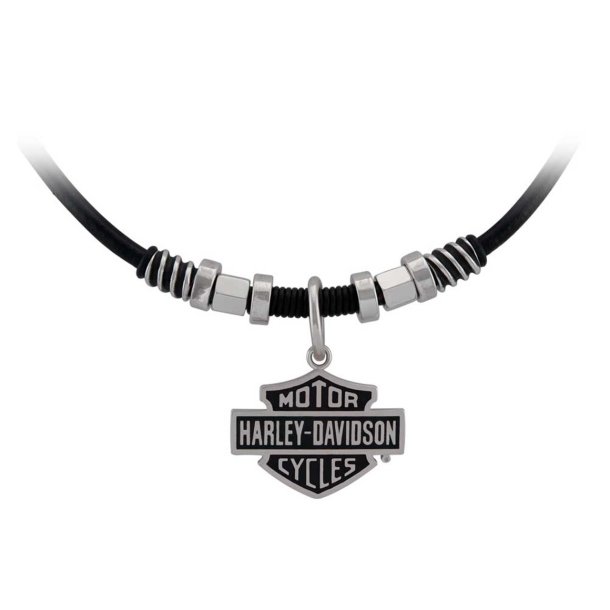 Harley-Davidson Men's Nut &amp; Coil B&S Pendent Leather Necklace - Stainless Steel