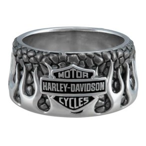 Harley-Davidson Men's Textured Flames Bar & Shield Stainless Steel Metal Ring